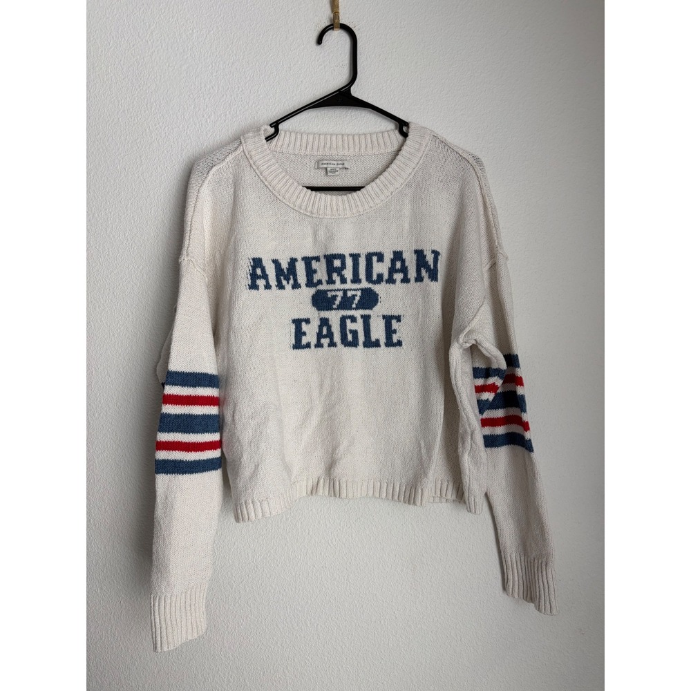 American Eagle 77 Graphic Sweater Cream Blue Red Striped Sleeve Women's M - Picture 1 of 3